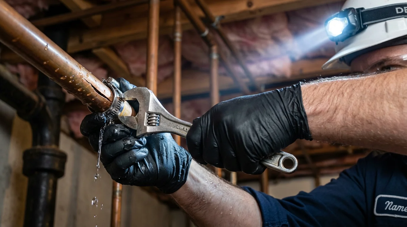 Emergency pipe clamp repair being performed by a Johns Plumbing LLC plumber in Sour Lake